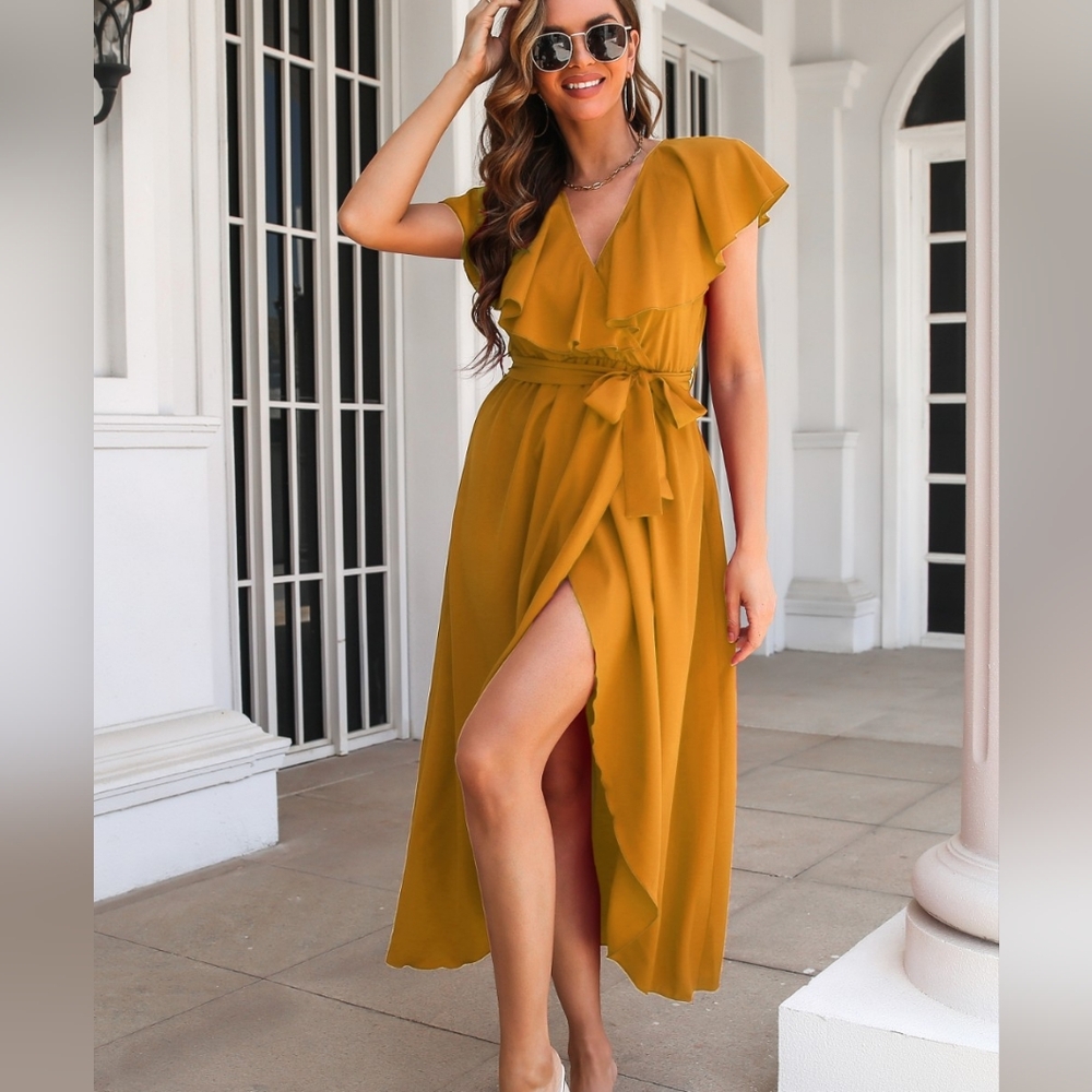 Romantic Ruffled Midi Dress with Wrap Silhouette and Slit